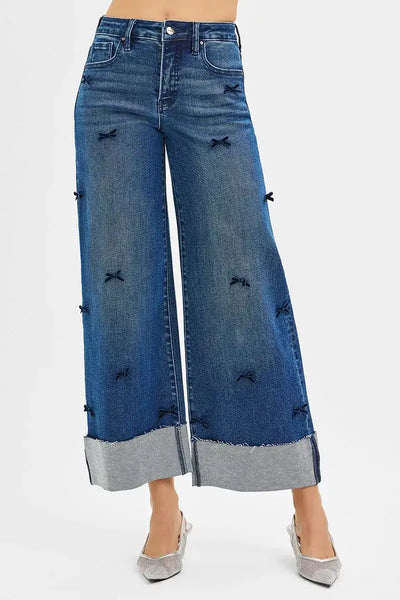 RISEN High Rise Crop Wide Leg Ribbon Detail Jeans - Jeans Junction Online