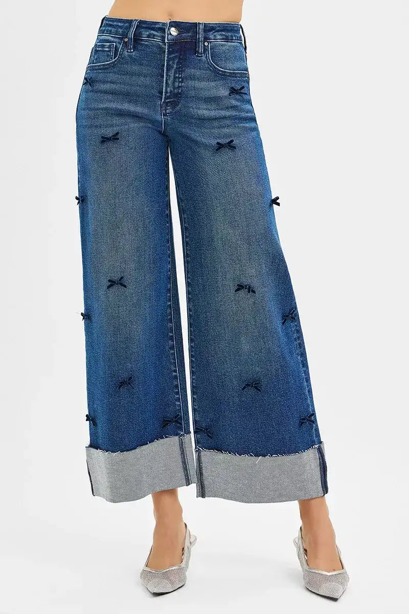 RISEN High Rise Crop Wide Leg Ribbon Detail Jeans - Jeans Junction Online 