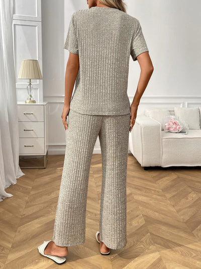 Ribbed Knit Short Sleeve Top and Pants Lounge Set - Jeans Junction Online