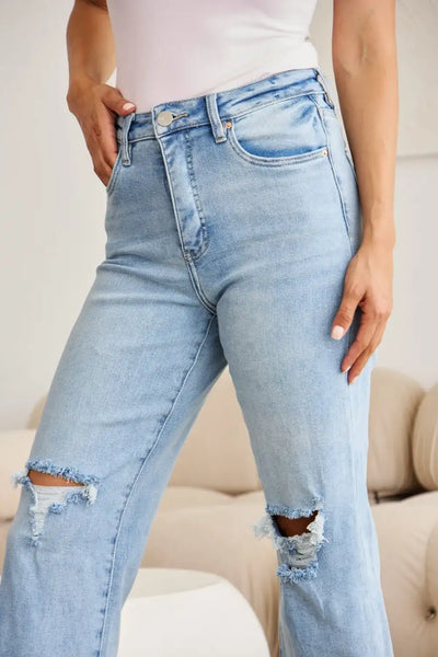 RFM Full Size Tummy Control High Waist Raw Hem Distressed Jeans - Jeans Junction Online
