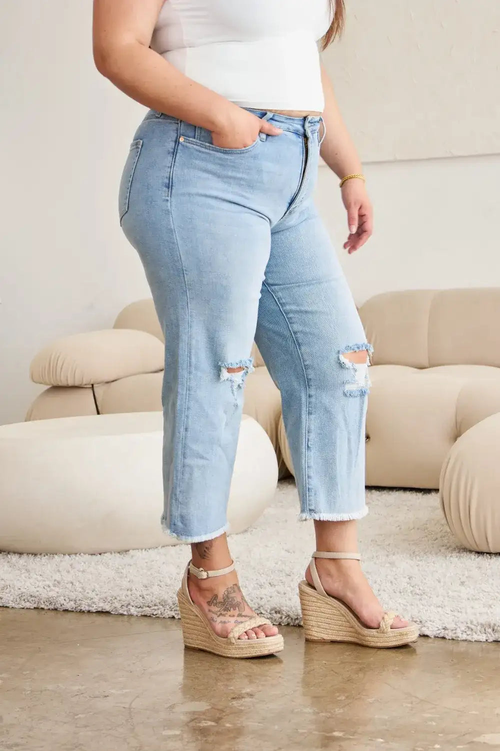 RFM Full Size Tummy Control High Waist Raw Hem Distressed Jeans - Jeans Junction Online