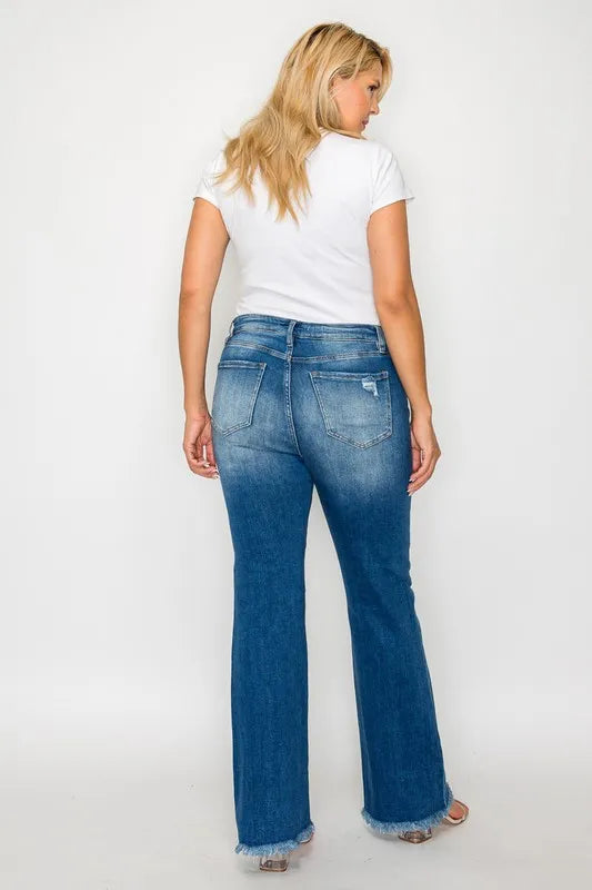 bytos Full Size Raw Hem Distressed High Rise Bootcut Jeans - Jeans Junction Online