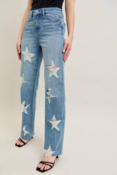 Judy Blue Full Size High Waist Rigid Magic Star Shaped Destroy 90's Straight Jeans Plus Size - Jeans Junction Online