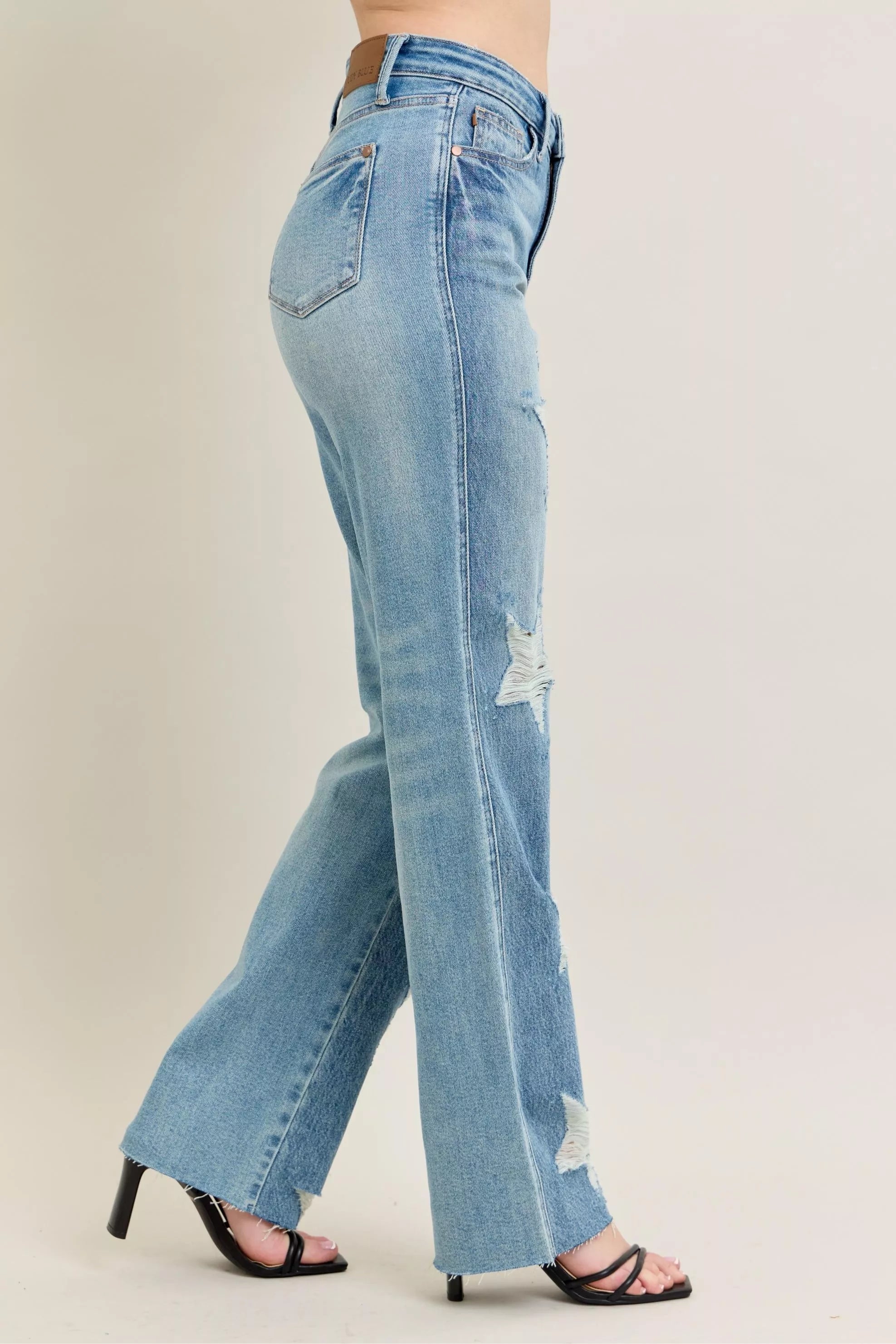 Judy Blue Full Size High Waist Rigid Magic Star Shaped Destroy 90's Straight Jeans Plus Size - Jeans Junction Online