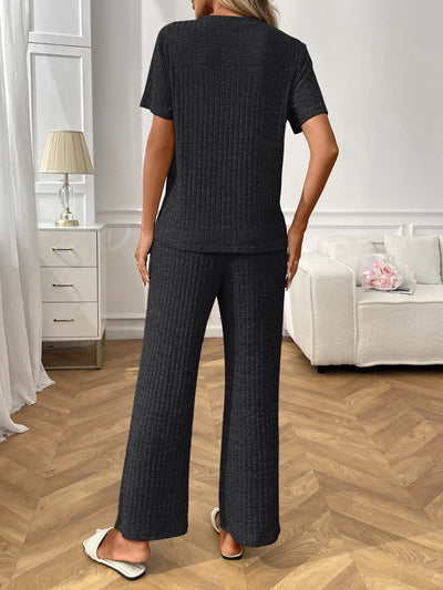 Ribbed Knit Short Sleeve Top and Pants Lounge Set - Jeans Junction Online