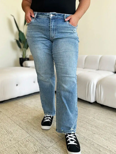 Judy Blue Full Size Mid Rise Distressed Straight Jeans - Jeans Junction Online