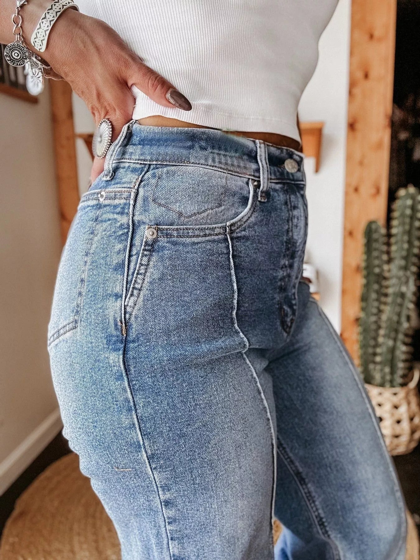 High-Waisted Wide Leg Cuffed Jeans - Jeans Junction Online