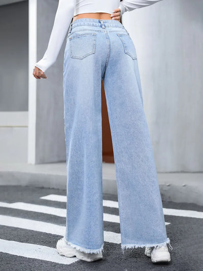 Distressed Raw Hem Wide Leg Jeans - Jeans Junction Online