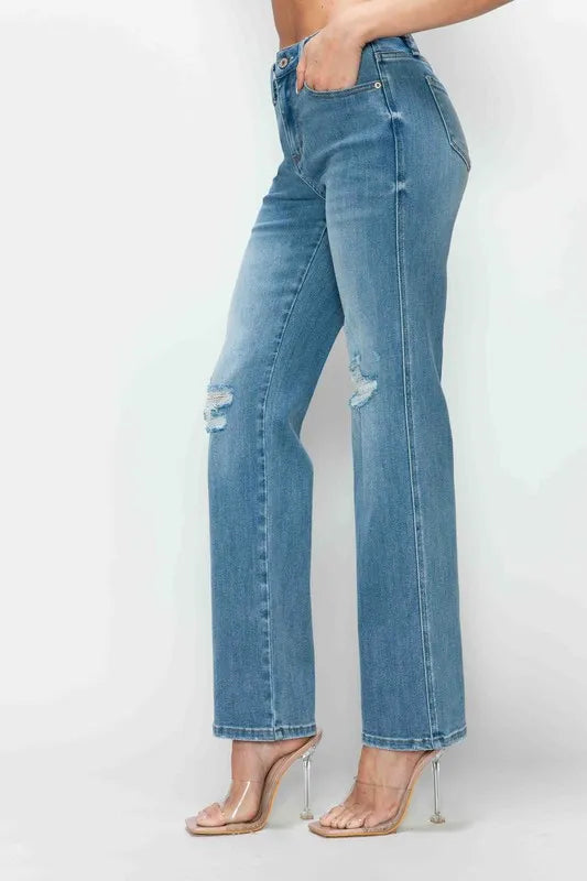 bytos Full Size Distressed High Rise Straight Jeans - Jeans Junction Online