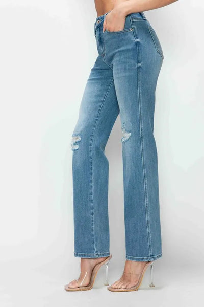 bytos Full Size Distressed High Rise Straight Jeans - Jeans Junction Online