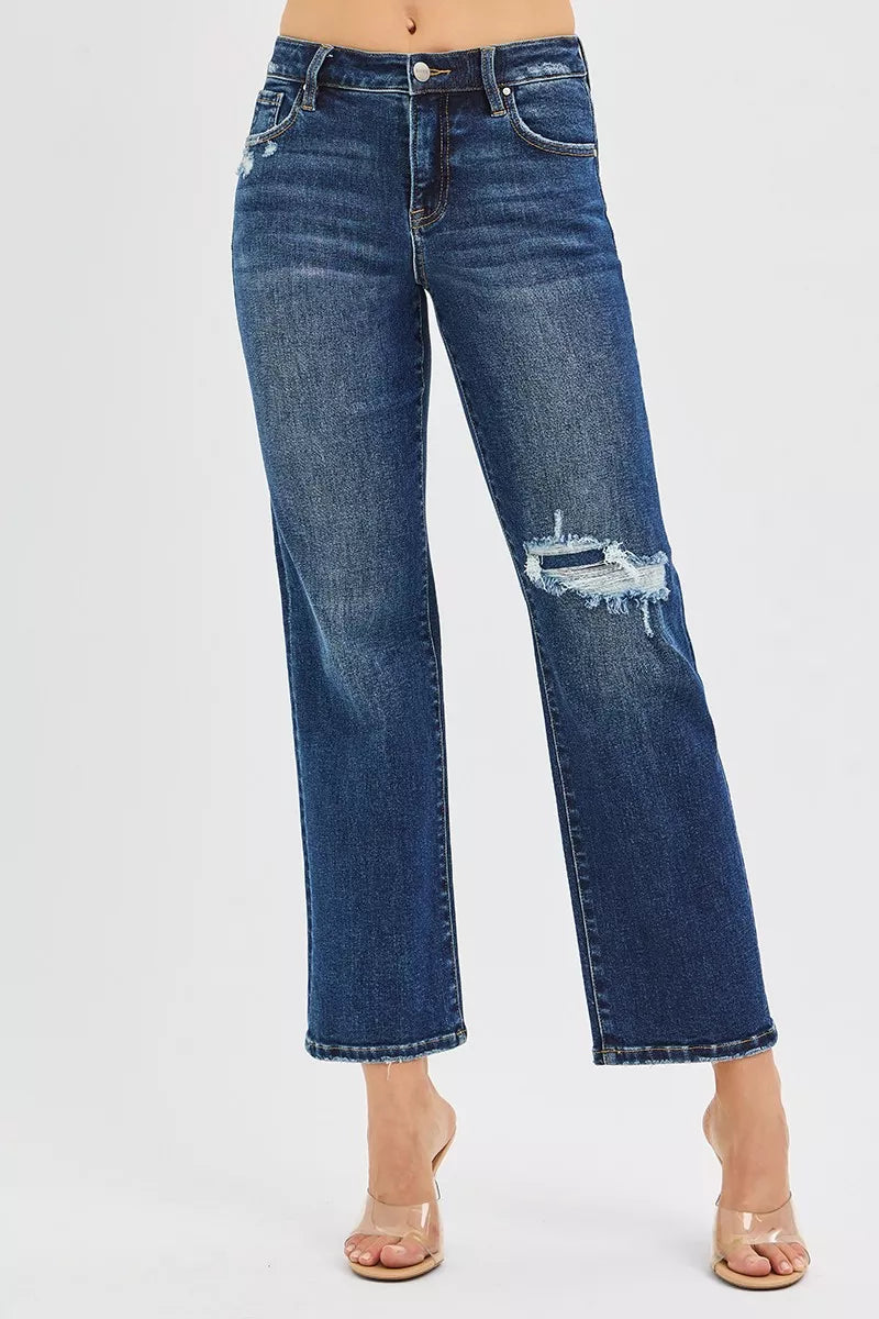 RISEN High Rise Crop Slim Straight Jenas with Hidden Knee Patch - Jeans Junction Online