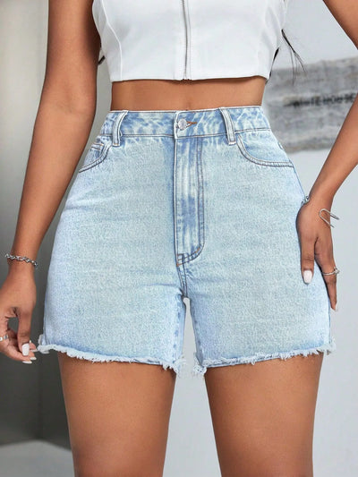 High-Waisted Raw Hem Denim Shorts - Jeans Junction Online