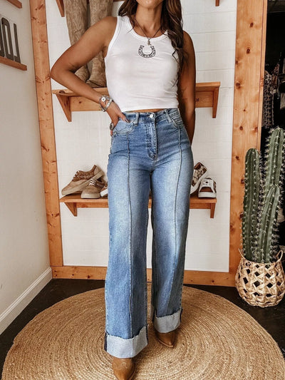 High-Waisted Wide Leg Cuffed Jeans - Jeans Junction Online