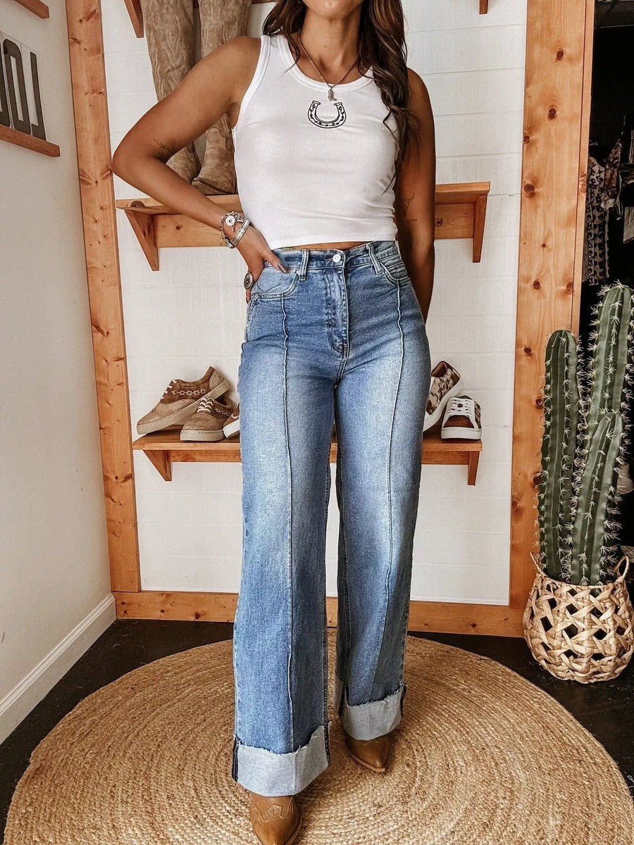 High-Waisted Wide Leg Cuffed Jeans - Jeans Junction Online 