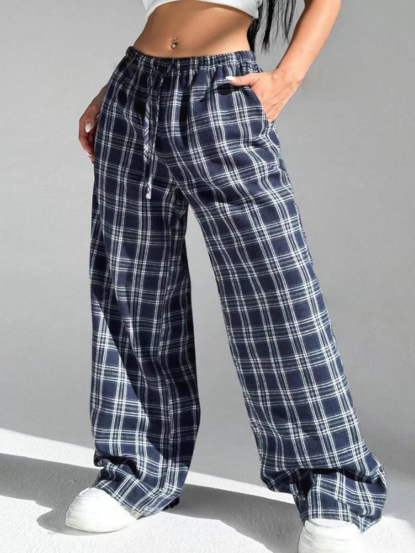 Plaid Drawstring Wide Leg Pants - Jeans Junction Online