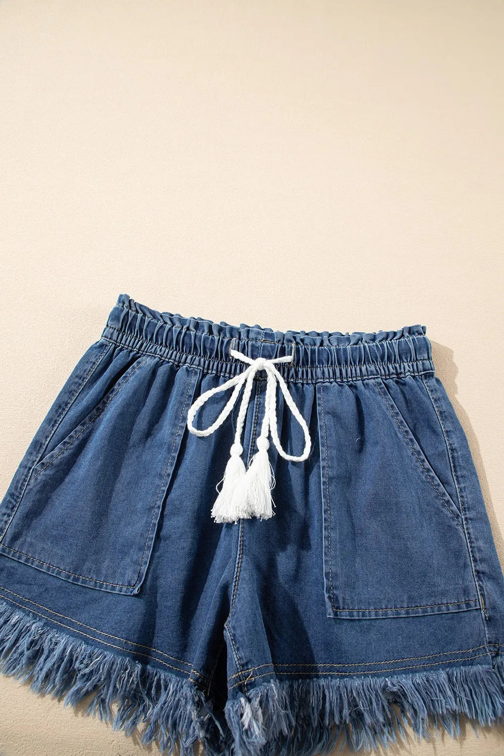 Raw Hem Drawstring High Waist Denim Shorts with Pockets - Jeans Junction Online