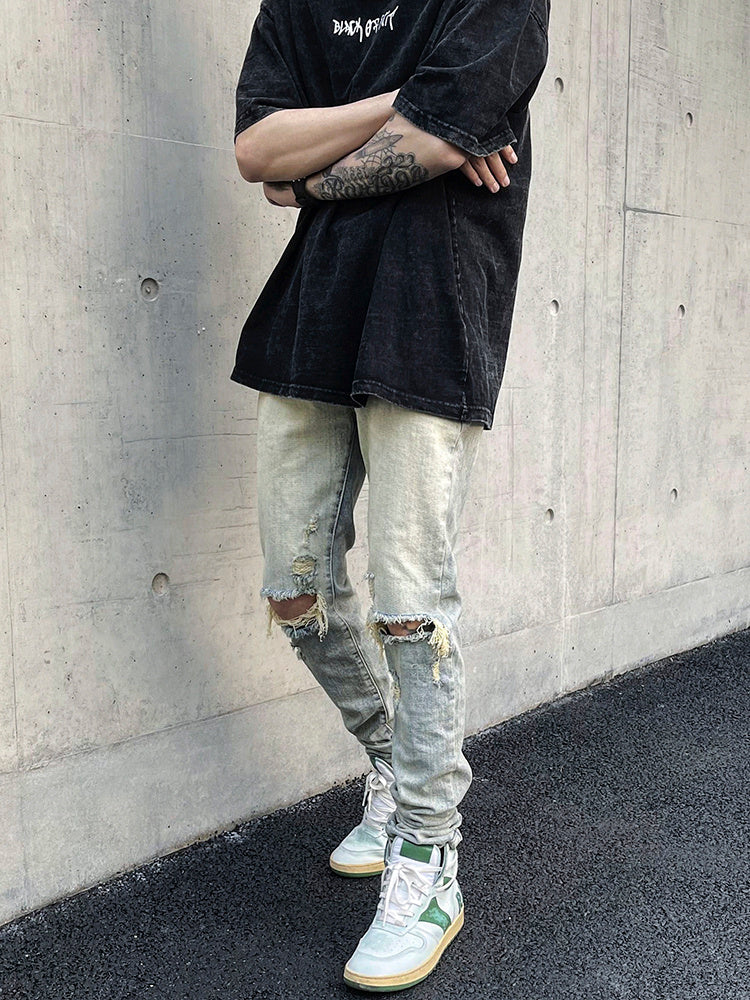 Washed And Distressed Slim-fit Jeans With Holes - Jeans Junction Online