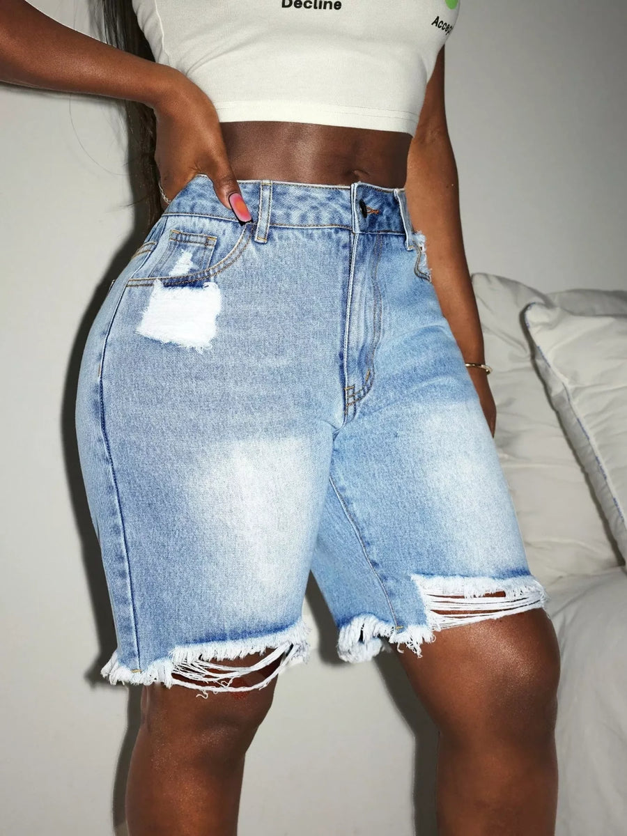 Distressed High Waist Frayed Hem Denim Shorts - Jeans Junction Online 