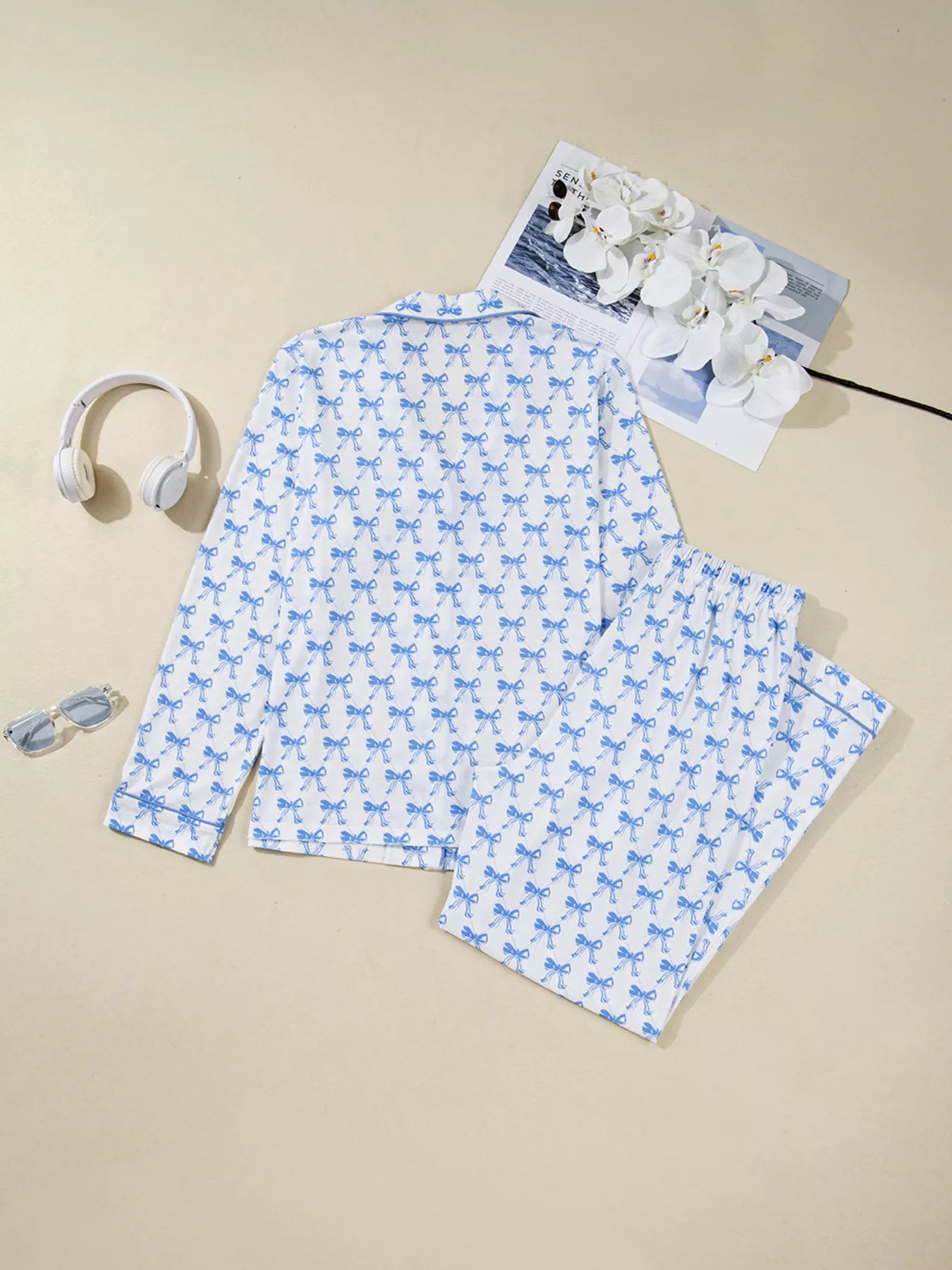 Bow Print Long Sleeve Shirt and Pants Pajama Set - Jeans Junction Online