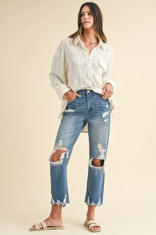 Annie Wear Distressed Raw Hem Cropped Jeans - Jeans Junction Online