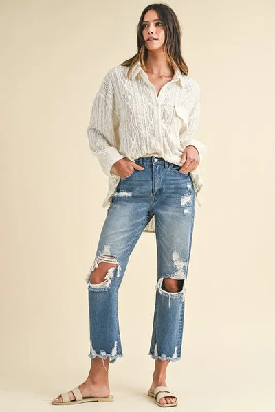 Annie Wear Distressed Raw Hem Cropped Jeans - Jeans Junction Online