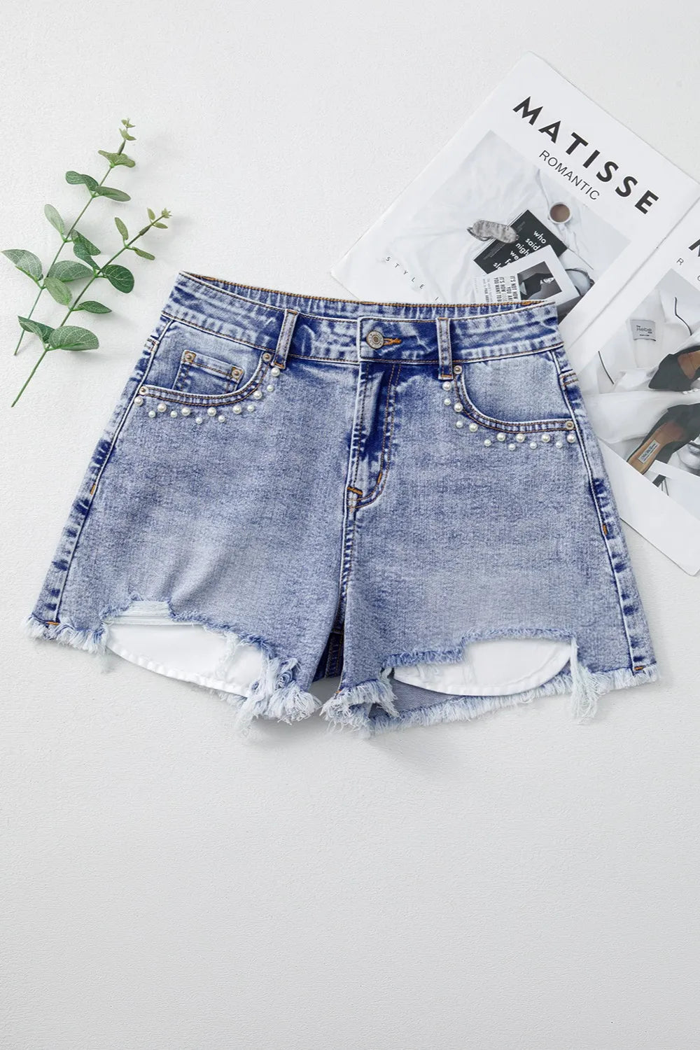 Pearl Studded Pockets Raw Hem Denim Shorts - Jeans Junction Online
