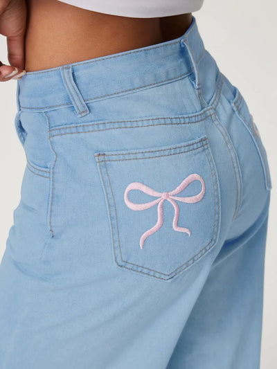 Embroidered Bow Back Wide Leg Jeans - Jeans Junction Online
