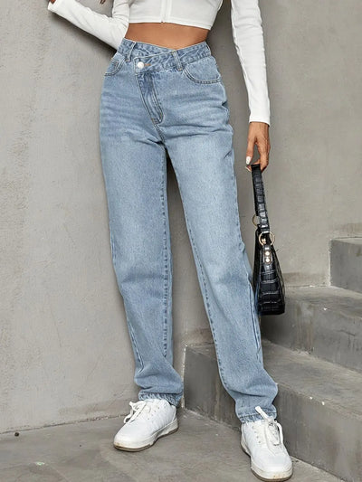 Asymmetrical Waist Straight Leg Jeans - Jeans Junction Online