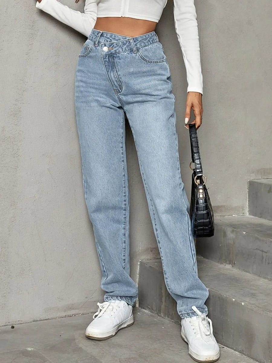 Asymmetrical Waist Straight Leg Jeans - Jeans Junction Online 