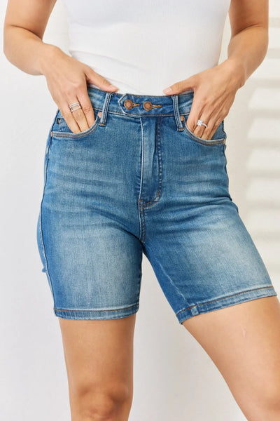 Judy Blue Full Size Tummy Control Double Button Bermuda Denim Shorts - Jeans Junction Online