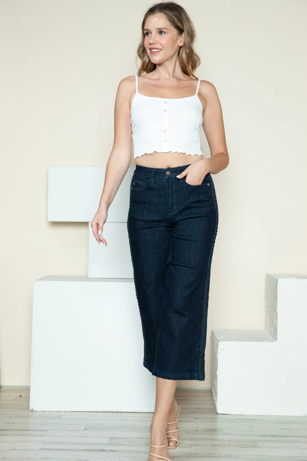 Judy Blue Full Size Side Seam Braid Detail Crop Wide Leg Jeans - Jeans Junction Online