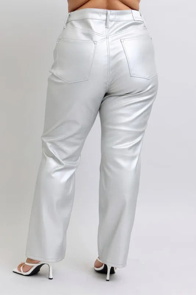 Judy Blue Full Size High Waist Silver Faux Leather Pants Plus Size - Jeans Junction Online